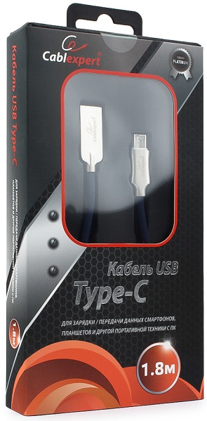 Кабель интерфейсный USB 2.0 Cablexpert CC-P-USBC02Bl-1.8M AM/Type-C, серия Platinum, длина 1.8м, синий, блистер