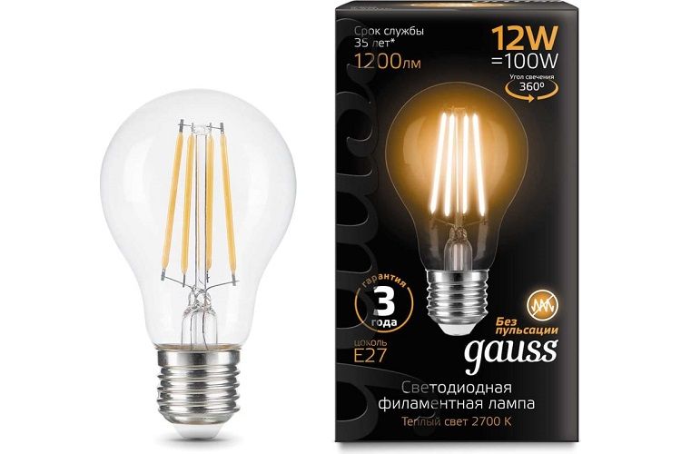 Лампа светодиодная Gauss 102902112 Filament 12Вт цок.:E27 груша 185B 2700K св.свеч.бел.теп. грушевидная (1шт)