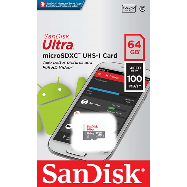 Карта памяти MicroSDXC 64GB SanDisk SDSQUNR-064G-GN3MN Class 10 Ultra UHS-I 100MB/s