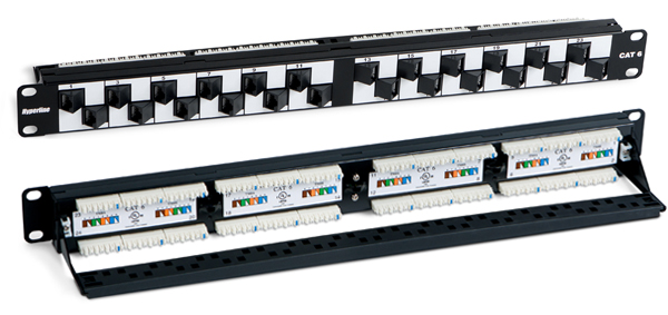 Патч-панель Hyperline PP2A-19-24S-8P8C-C6-110 19, 1U, Cat 6, 24 угловых порта RJ45 (8p8c), неэкранированная, Dual IDC (110/KRONE)