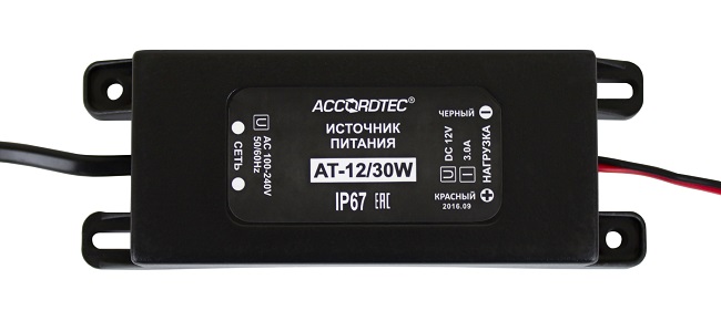 Источник питания AccordTec AT-12/30W стабилизированный, 50 Гц 100...250 В, выходное напряжение постоянного тока 12 В, ном ток нагрузки 3 А, макс ток н