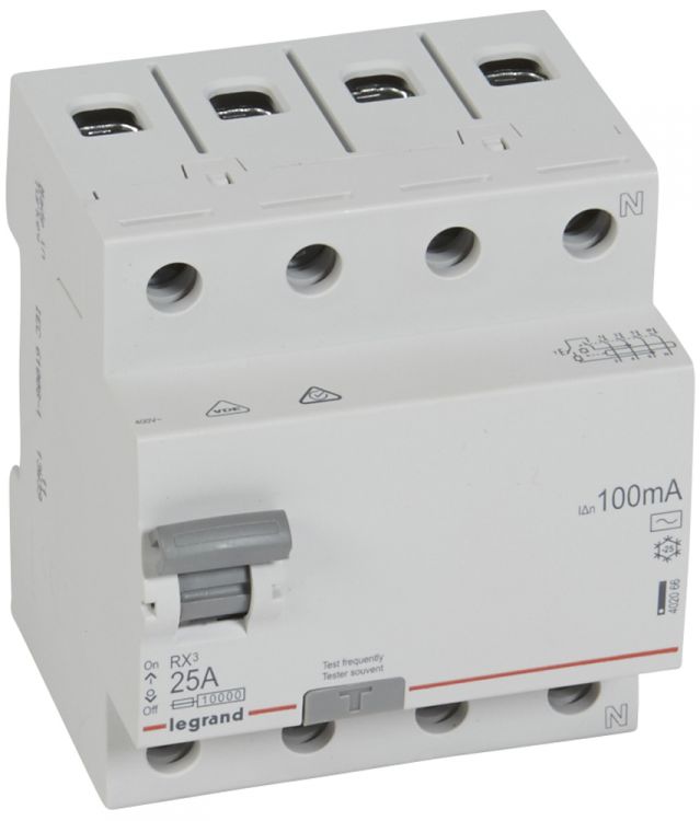 Выключатель дифференциального тока (ВДТ, УЗО) Legrand 402066 RX³ - 4П, нейтраль справа, 400 В~, 25 А, тип AC, 100 мА, 4 модуля