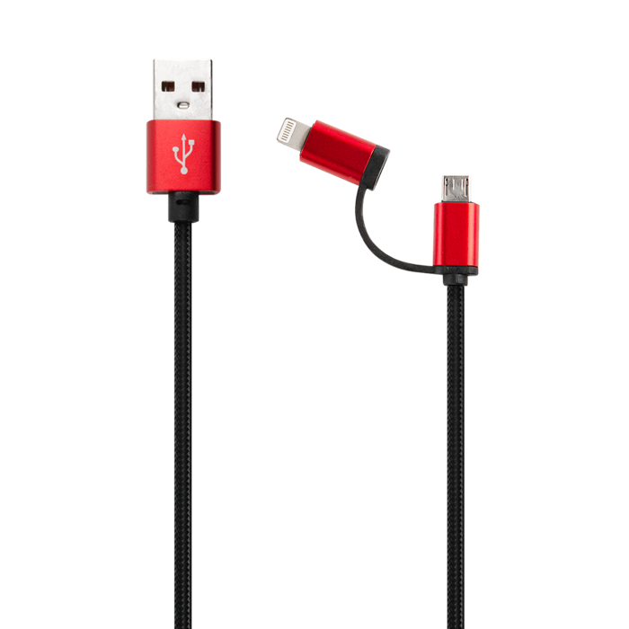 Кабель интерфейсный Red Line LX01 2 in 1 УТ000017254 USB-microUSB+Lightning, нейлоновая оплетка, черный