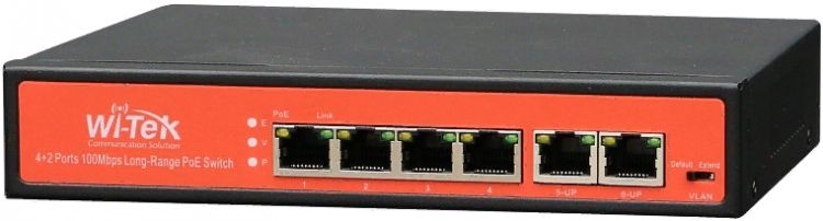 Коммутатор неуправляемый Wi-Tek WI-PS205 v4 PoE 65Вт, порты 4PoE FE + 2FE, режим 250м и VLAN, Watchdog, v4
