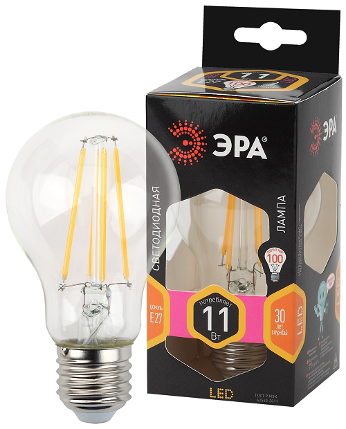 Лампа светодиодная ЭРА Б0035025 F-LED A60-11W-827-E27 (филамент, груша, 11Вт, тепл, Е27)
