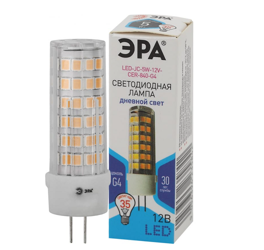 Лампа светодиодная ЭРА Б0056750 STD LED JC-5W-12V-CER-840-G4 G4 5Вт керамика капсула нейтральный белый свет