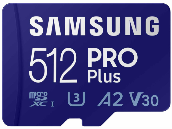 Карта памяти MicroSDXC 512GB Samsung MB-MD512SA/EU PRO Plus Class 10, A2, V30, UHS-I (U3), W 130 МБ/с, R 180 МБ/с, адаптер на SD