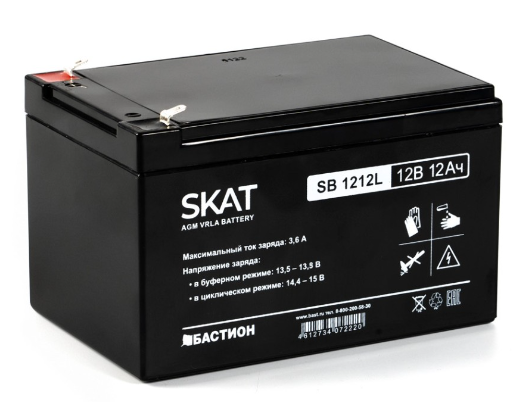  Аккумулятор Бастион SKAT SB 1212L свинцово-кислотный тип AGM 12V 12Ач Iзар.3,6 А, ножевые клеммы