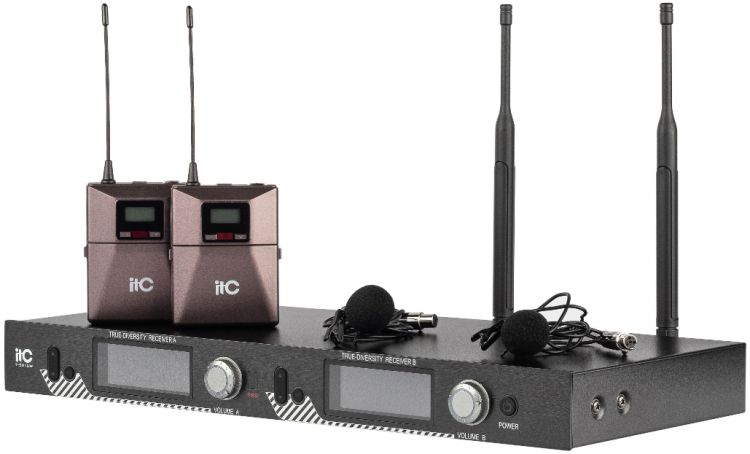  Радиосистема ITC T-521UL UHF двухканальная радиосистема с двумя петличными микрофонами. LCD дисплей. True Diversity. Частотный диапазон 470-510 MHz.