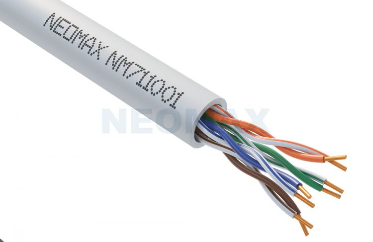 Кабель витая пара U/UTP 5e кат. 4 пары Neomax NM711001 24AWG(0.46 мм), медь, одножильный (solid), внутренний, PVC, серый, уп/305м