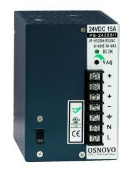 Блок питания OSNOVO PS-24360/I промышленный. DC24V, 15A (360W). Диапазон входных напряжений: AC115, 230V. КПД: 82%. Регулировка выходного напряжения в