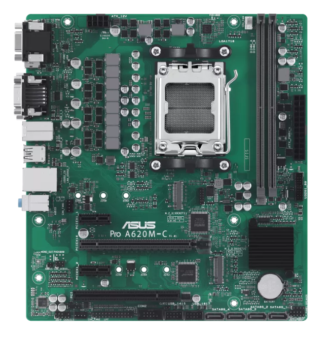  Материнская плата mATX ASUS PRO A620M-C-CSM (AM5, AMD A620, 2*DDR5 (8000), 4*SATA 6G RAID, 2*M.2, 3*PCIE, Glan, VGA, DVI-D, HDMI, DP, USB Type-C, 2*US