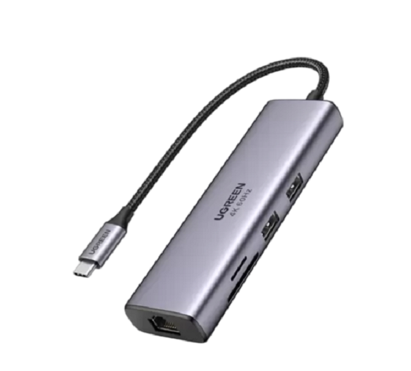 Конвертер UGREEN CM512 USB-C To 3*USB 3.0 A+HDMI+RJ45+PD Converter. Цвет: серый