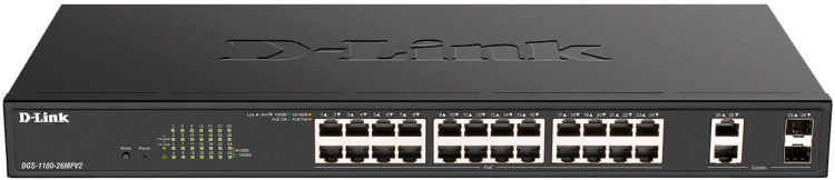 Коммутатор PoE D-link DGS-1100-26MPV2/A3A 24x10/100/1000Base-T PoE+ (PoE-бюджет 370Вт), 2xCombo 1000Base-T/SFP, L2