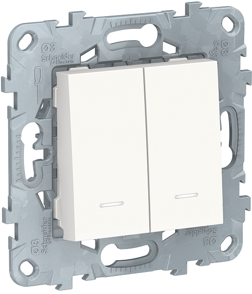 Выключатель Schneider Electric NU521118N UnicaNew, белый, 2-клавишный, 2 модуля, с подсветкой, 2 х сх. 1а