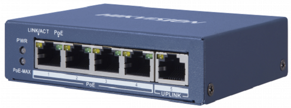 Коммутатор HIKVISION DS-3E0505-E 5 RJ45 1000M (8й-Uplink порт); таблица MAC адресов на 2000 записей; пропускная способность 16Гб/с; 5VDC, 1A