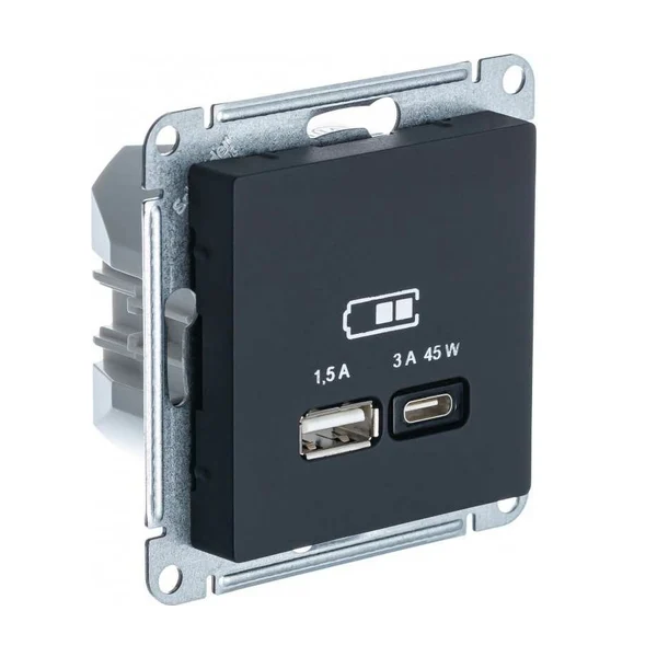 Розетка Systeme Electric ATN001029 AtlasDesign карбон ,USB, A + тип-C 45W высокоскор.заряд. QC, PD, мех.