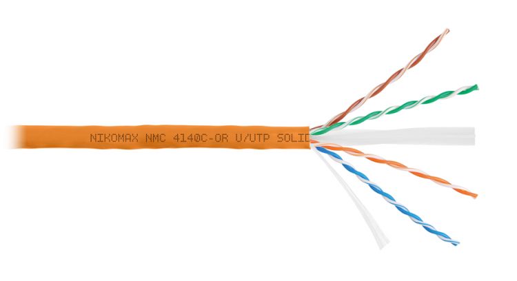 Кабель витая пара U/UTP 6 кат. 4 пары NIKOMAX NMC 4140C-OR 23AWG(0.55 мм), медь, одножильный (solid), внутренний, полимерный материал, нг(A)-HF, оранж