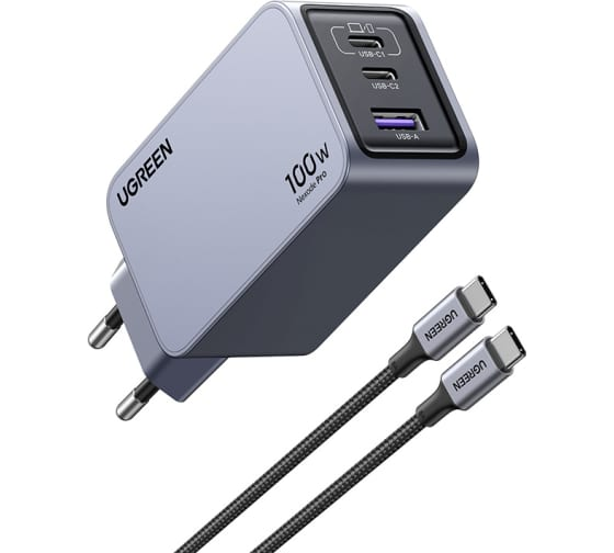 Зарядное устройство сетевое UGREEN X757 25874_ Nexode Pro 100W USB-A+2*USB-C GaN Tech Fast Charger EU с кабелем 1M 100W. Цвет: серый