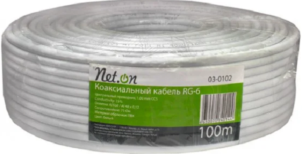 RG-6 Кабель коаксиальный RG 6 Net.on 03-0110 белый CCS 1,02 (24%) / FPE / Al-Pet-Al Foil Bonded / Al 96х0,12 / Al-Pet PVC RW 100м