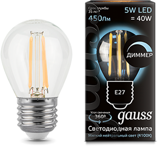 Лампа светодиодная Gauss 105802205-D LED Filament Шар dimmable E27 5W 450lm 4100K