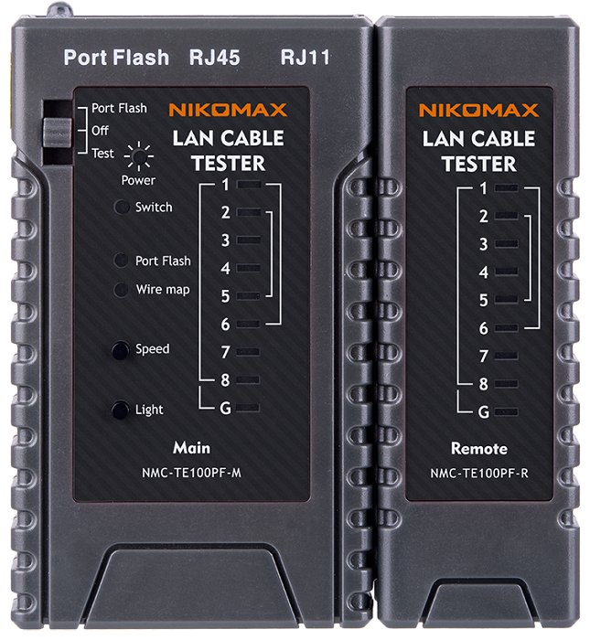 Кабельный тестер NIKOMAX NMC-TE100PF UTP/STP, RJ45, RJ12, RJ11, с функцией PortFlash и LED фонарём