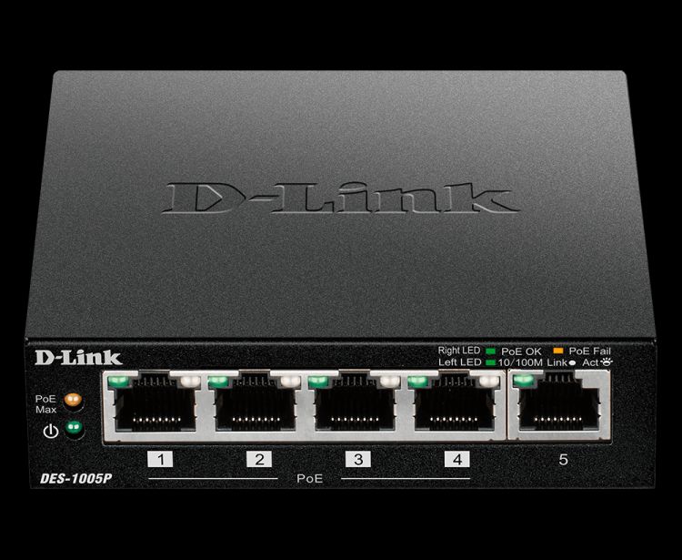 Коммутатор D-link DES-1005P/B1A 4xUTP 10/100PoE (PoE бюджет 60 Вт), 1x10/100