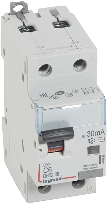 Автоматический выключатель дифф. тока (АВДТ) Legrand 410999 DX³ 6000 - 10 кА - тип характеристики С, 1П+Н, 230 В~, 6 А, тип AС, 30 мА, 2 модуля