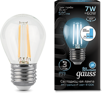 Лампа светодиодная Gauss 105802207-S LED Filament Шар E27 7W 580lm 4100K step dimmable