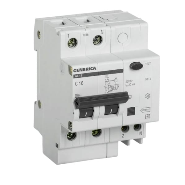 Выключатель дифференциального тока (ВДТ, УЗО) GENERICA MAD15-2-016-C-030 автоматический 2п 16А 30мА АД12
