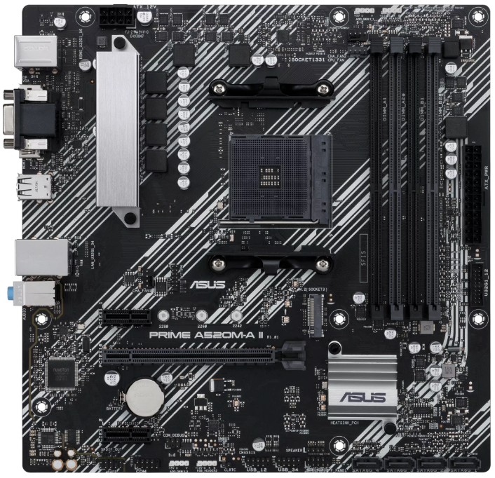  Материнская плата mATX ASUS PRIME A520M-A II/CSM (AM4, AMD A520, 4*DDR4 (4800), 4*SATA 6G RAID, M.2, 3*PCIE, Glan, D-Sub, HDMI, DP, 4*USB 3.2, 2*USB 2