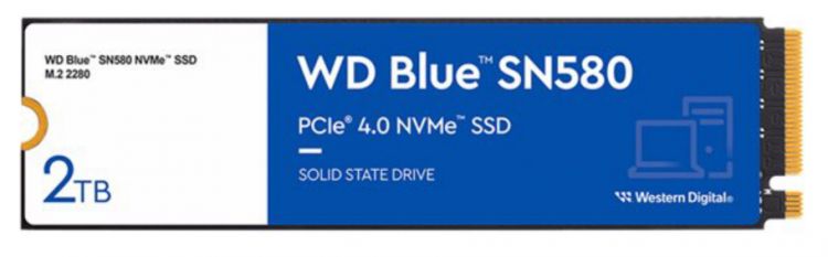 SSD Western Digital Накопитель SSD M.2 2280 Western Digital WDS200T3B0E WD Blue SN580 2TB PCIe 3.0 x4 NVMe 3D TLC 4150/4150MB/s IOPS 600K/750K MTBF 1.5M 900TBW