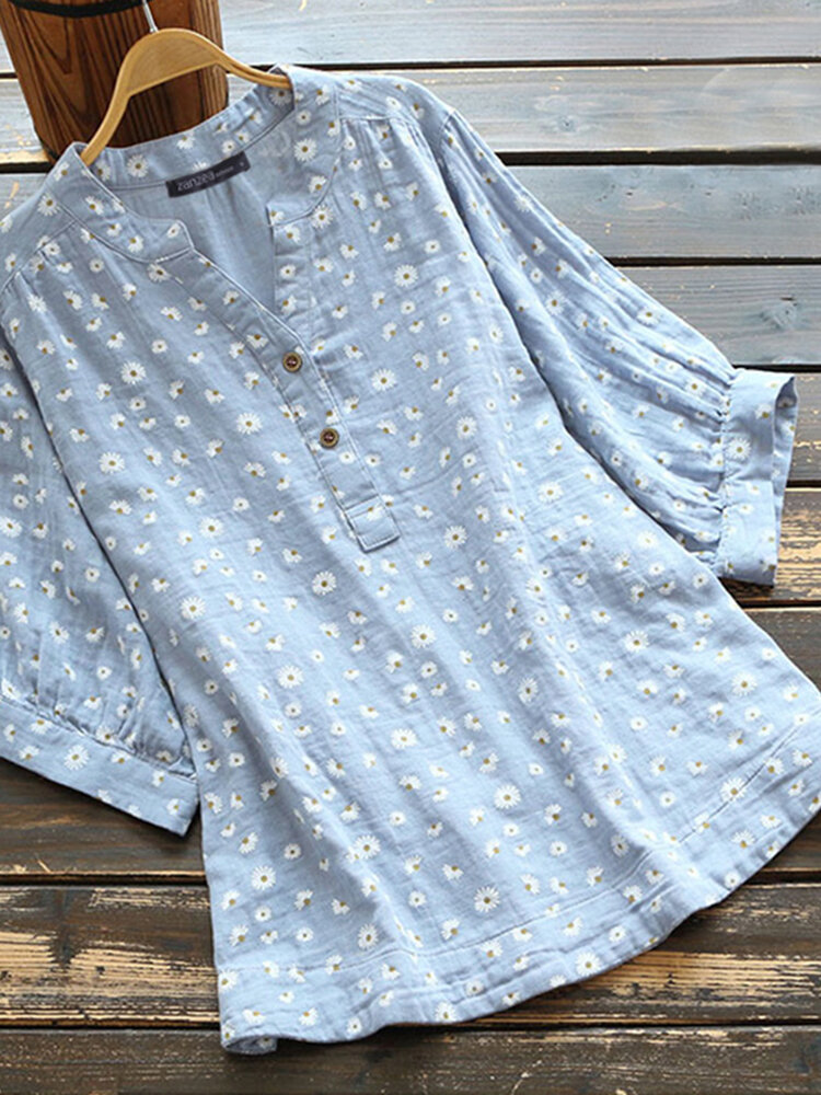 Tops Женская блузка с короткими рукавами и короткими рукавами в стиле ретро с принтом ромашек и половинной пуговицей