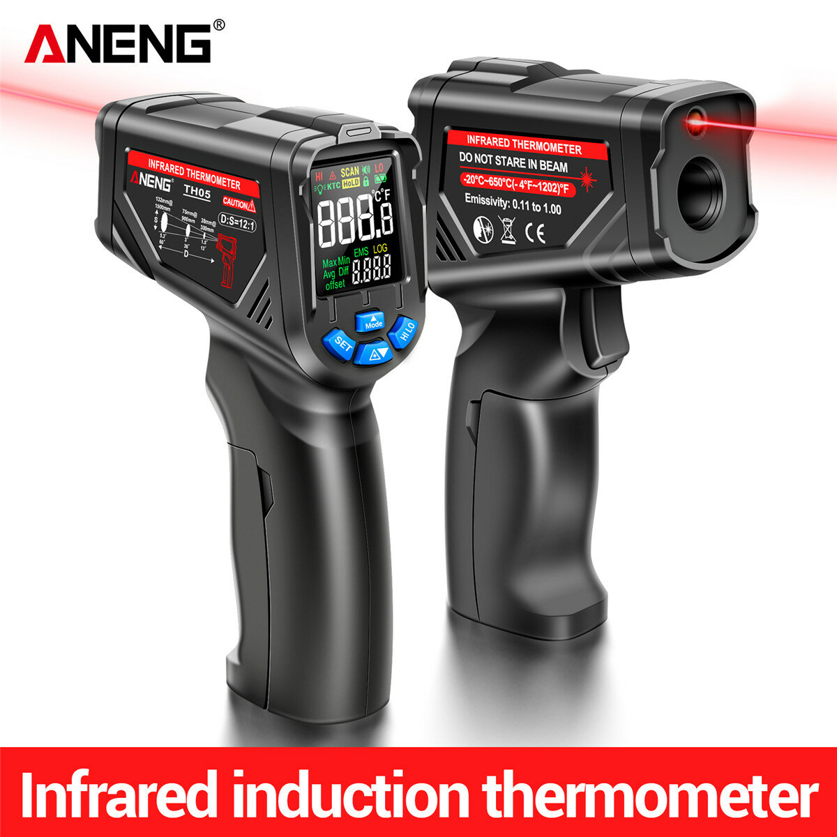 ANENG TH105 Инфракрасный Термометр Лазер Измеритель температуры -20 ~ 650 ℃ Бесконтактный температурный пистолет с VA Re