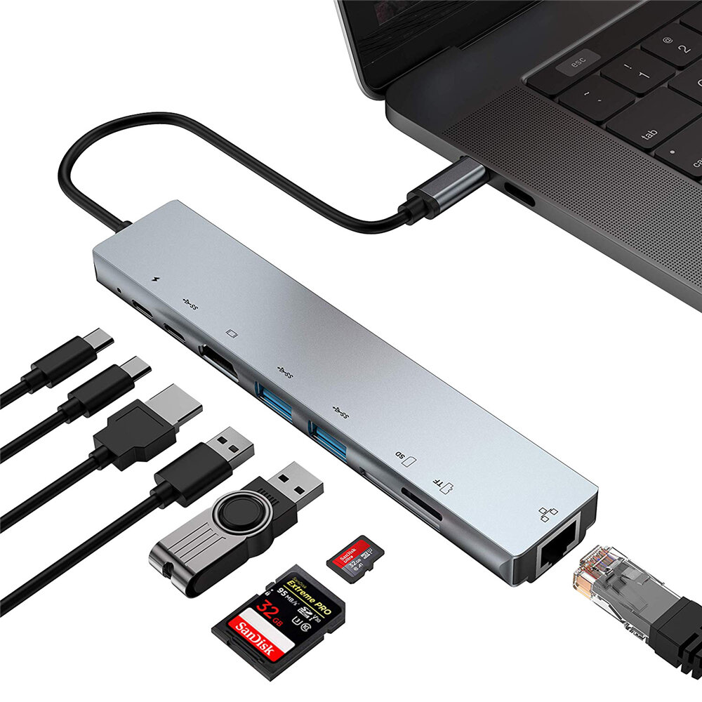 Bakeey PB-C7366 Адаптер док-станции-концентратора USB-C 8-в-1 с 4K HDMI HD Дисплей / 87 Вт USB-C PD3.0 Подача питания /