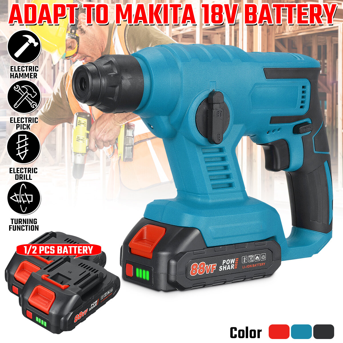 88VF 1800rpm Cordless Brushless Rotary Hammer Drill Fit 18VMakita Батарея