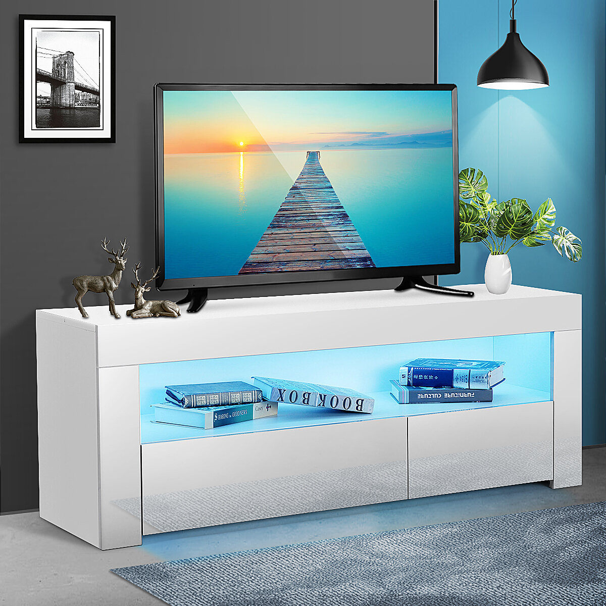 Furniture  Banggood Woodyhome 47-дюймовая глянцевая подставка для телевизора с подсветкой LED Держатель для ТВ-консоли с большим пространств