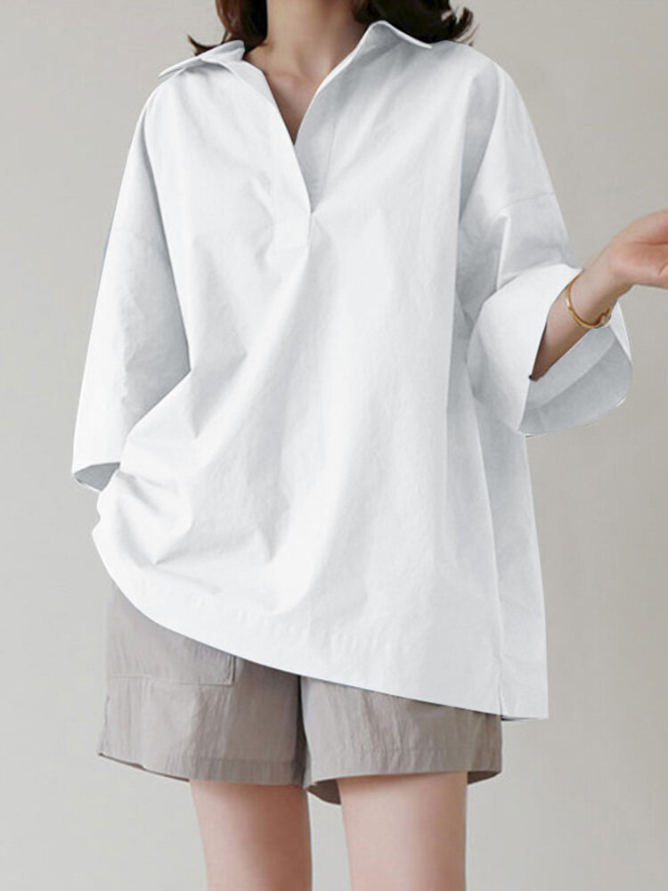 Однотонная повседневная блузка с рукавами 3/4 и свободными лацканами For Женское