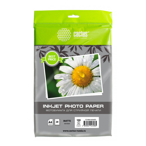  Фотобумага Cactus CS-MA410020ED, A4, 100г/м2, 20л, для струйной печати, белый, покрытие матовое