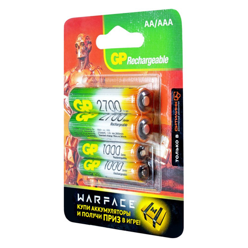 AA/AAA Аккумулятор GP Rechargeable 270AA+100AAAHC, 4 шт. 2700мAч
