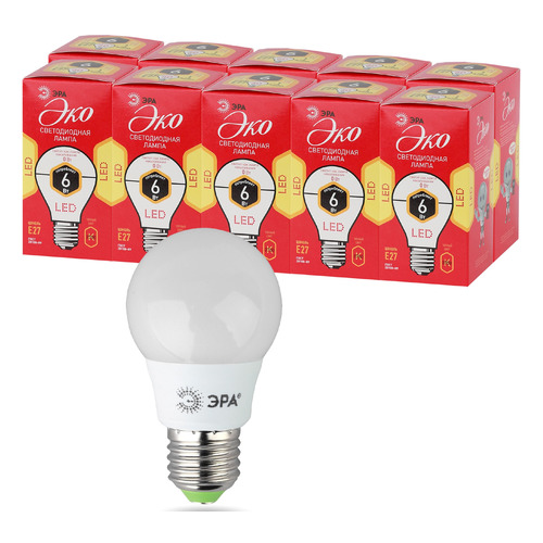 Упаковка ламп LED Эра E27, шар, 6Вт, 2700К, белый теплый, ECO LED A55-6W-827-E27, 10 шт. [б0028008]