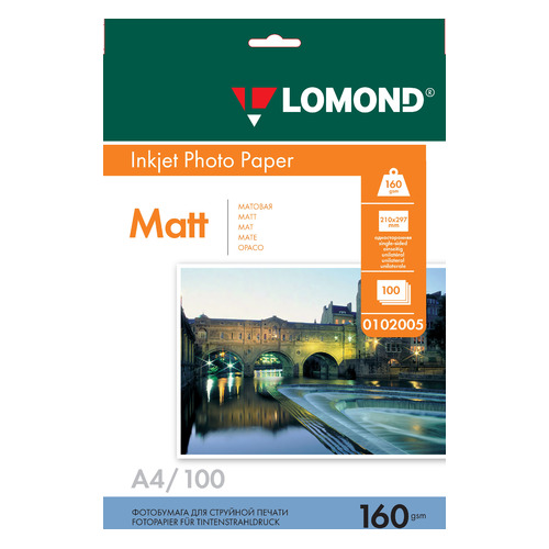  Фотобумага Lomond 0102005, A4, 160г/м2, 100л, для струйной печати, белый, покрытие матовое