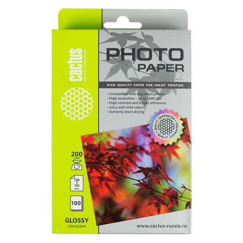   Ситилинк Фотобумага Cactus CS-GA6200100, 200г/м2, 100л, для струйной печати, белый, покрытие глянцевое