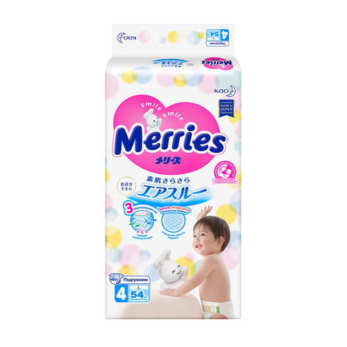 Подгузники и трусики Merries подгузники Large, 9-14 кг, 4 размер, 54 шт.