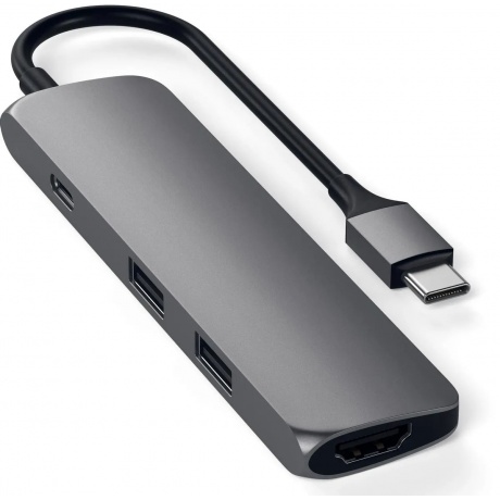 USB адаптер Satechi Slim Aluminum Type-C Multi-Port Adapter with Type-C Charging Port. Интерфейс USB-C. Порты USB Type-C, 2хUSB 3.0, 4K HDMI. Цвет серый космос.