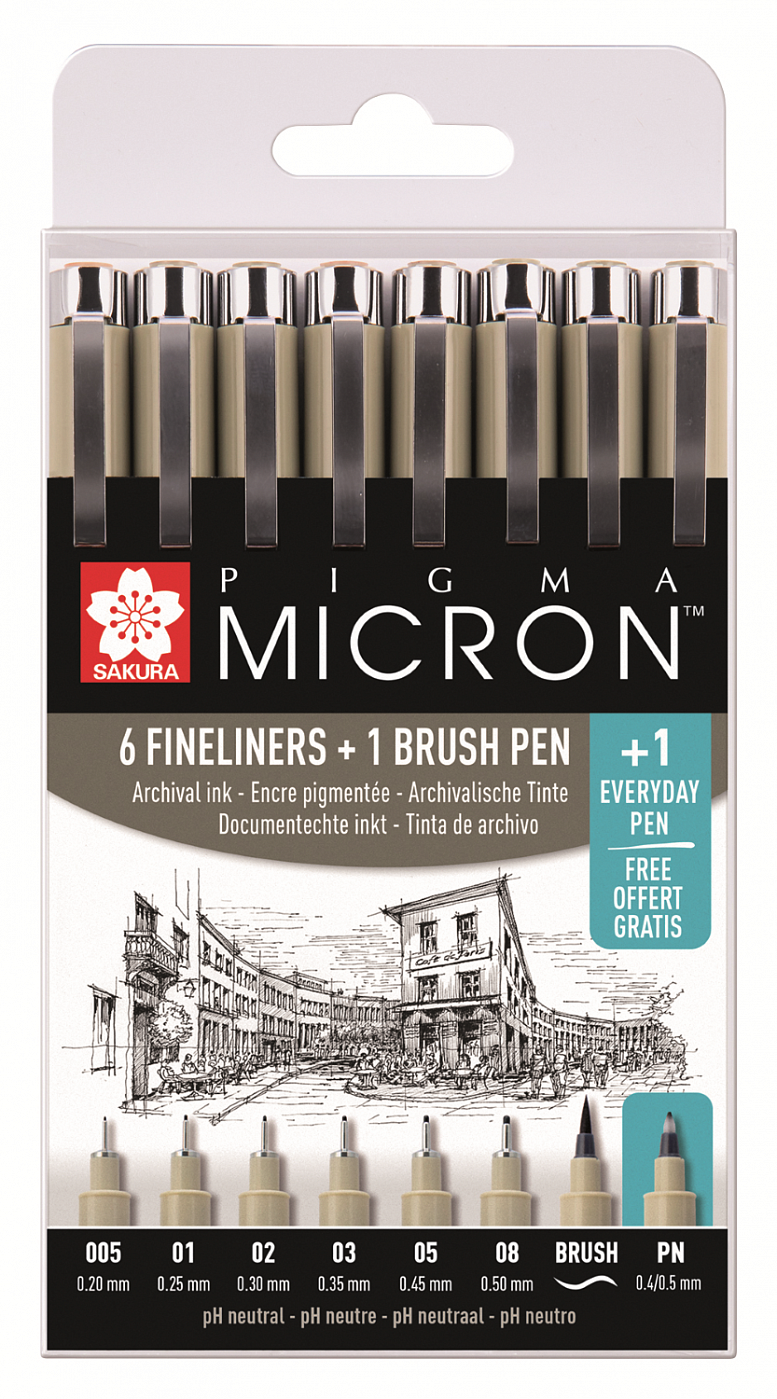 Набор капиллярных ручек Sakura PIGMA MICRON PN 8 шт (0,2 мм - 0,5 мм) цвет черный + brush + PN