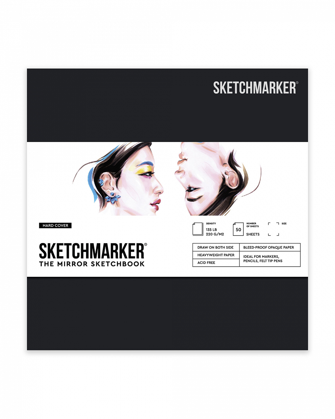 Скетчбук SKETCHMARKER THE MIRROR квадрат., 50 л 220 г, твердая обложка черная