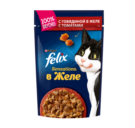 Влажный корм Felix Sensations для взрослых кошек, с говядиной в желе с томатами, 85 гр