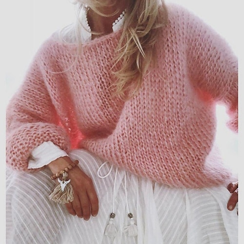 Women's Fluffy Mohair Chunky Knit Sweater Lantern Sleeve Loose Pullover Sweater Jumper Pure Color Crew Neck Stylish Casual Outdoor Daily Spring Pink Khaki S M L