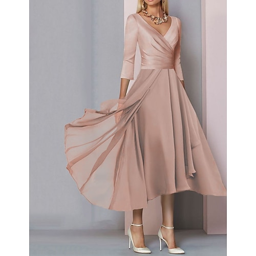 Women's Party Dress Satin Dress Midi Dress Pink 3/4 Length Sleeve Pure Color Ruched Split Fall Winter V Neck Party Stylish Elegant 2022 M L XL XXL 3XL 4XL 5XL